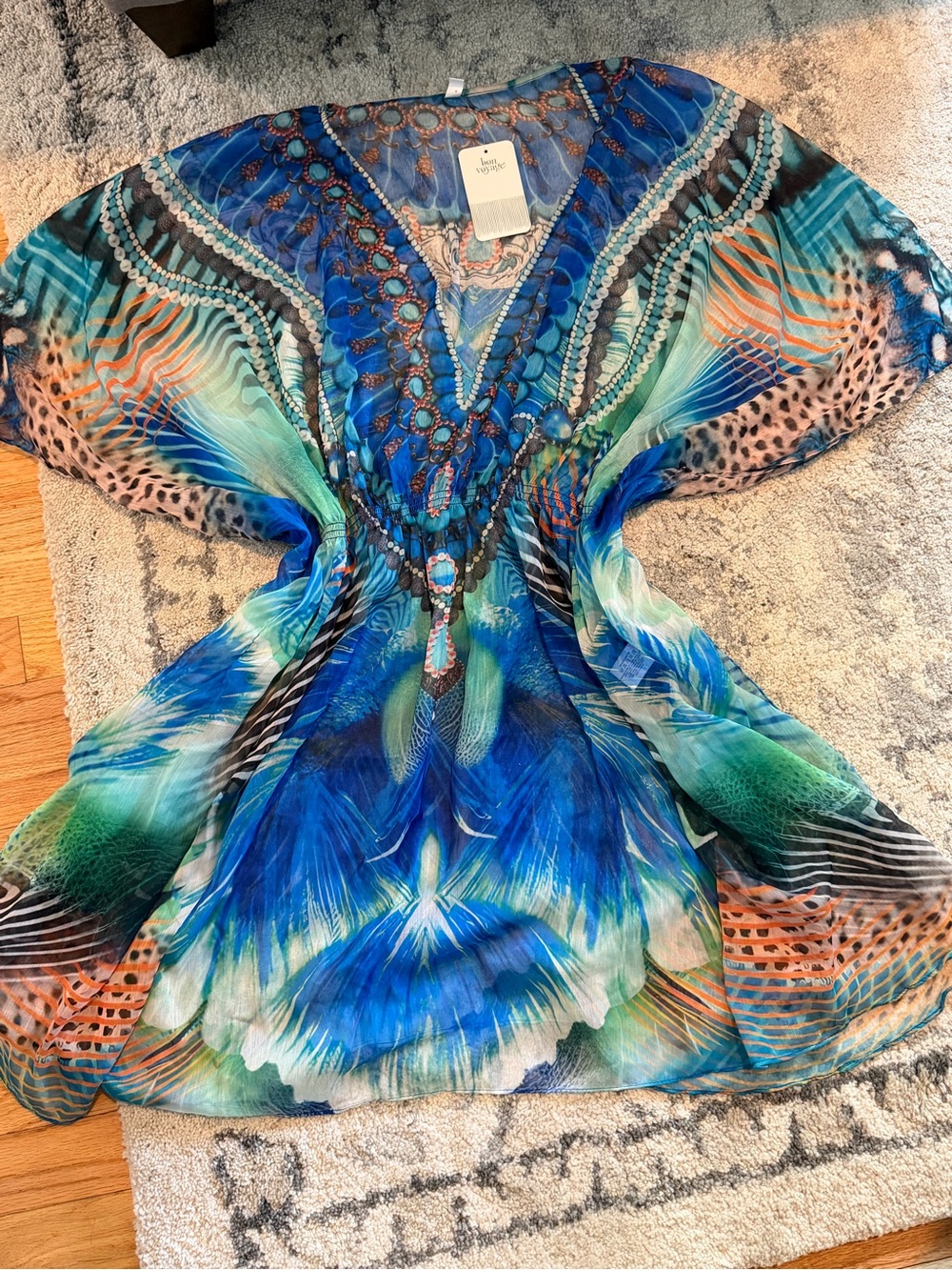 Colorful Blue & Green Feather-Print Swim Coverup